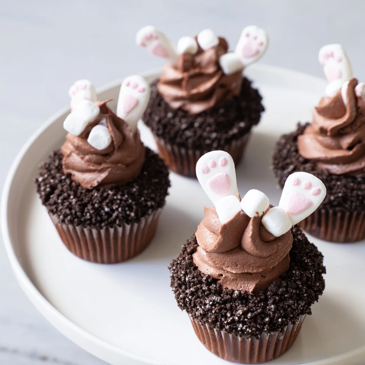 Bunny Burrow Cupcake Tray: charming Easter cupcakes with buttercream "burrow" and fondant bunny feet peeking out.