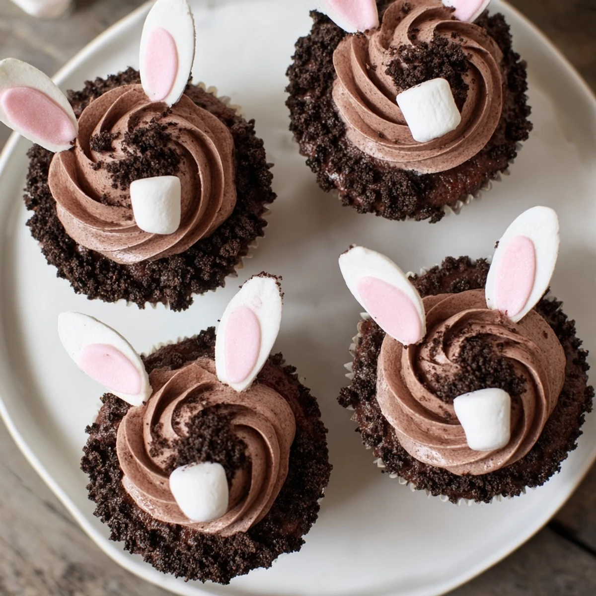 Vibrant overhead view of a Bunny Burrow Cupcake Tray, showcasing adorable decorated chocolate cupcakes, ready to serve.