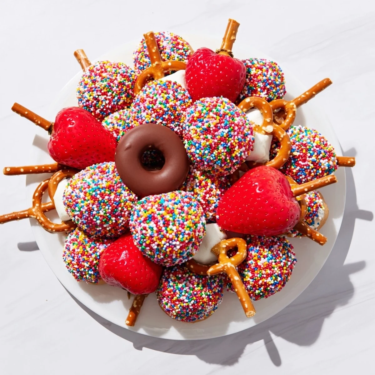 Sweet, detailed glimpse of a Rainbow Sprinkle Party Board, bursting with festive rainbow-sprinkled delights.