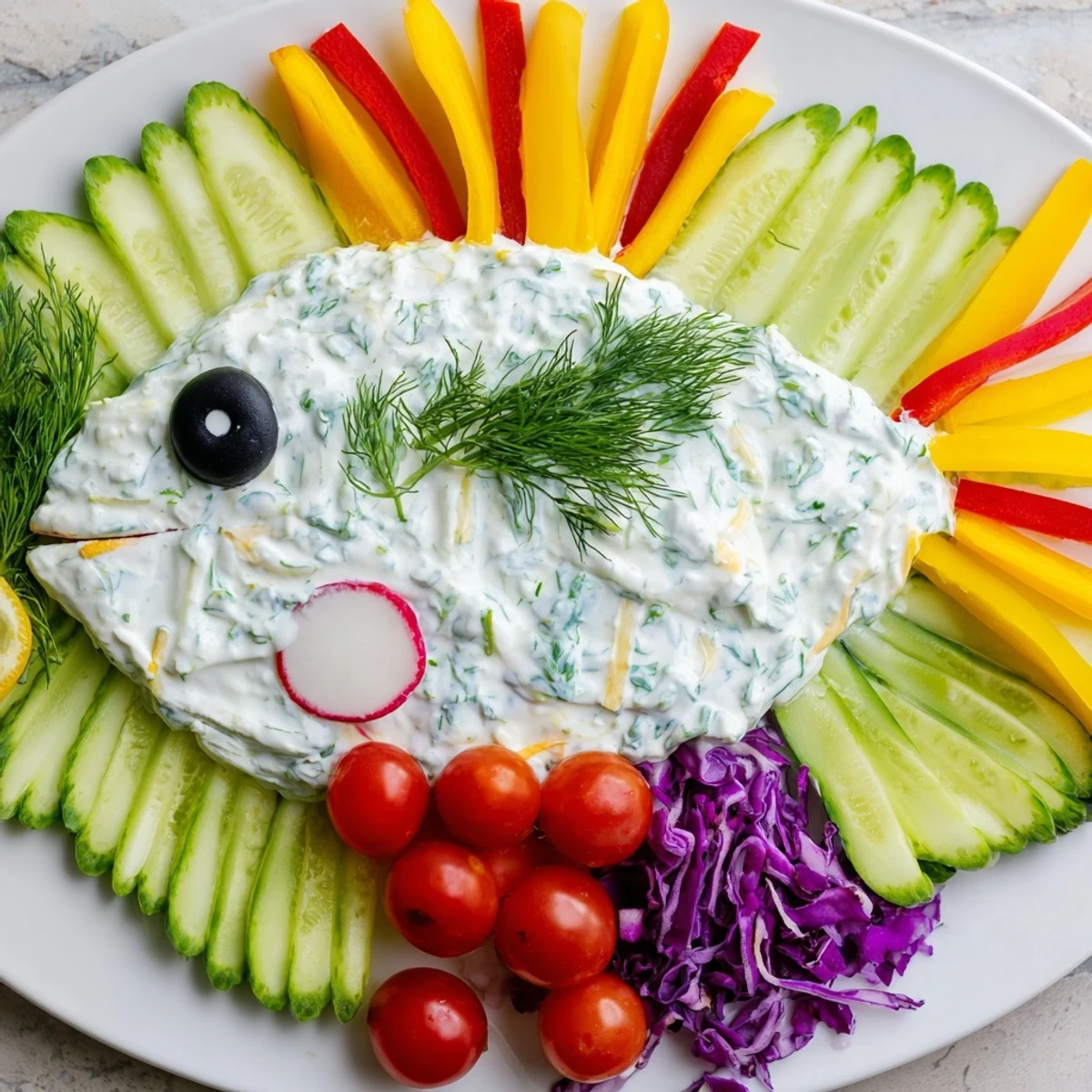 Creamy herbed dips and blue ranch create an Ocean Blue Fish-Shaped Dip Tray, perfect for serving at your next gathering.