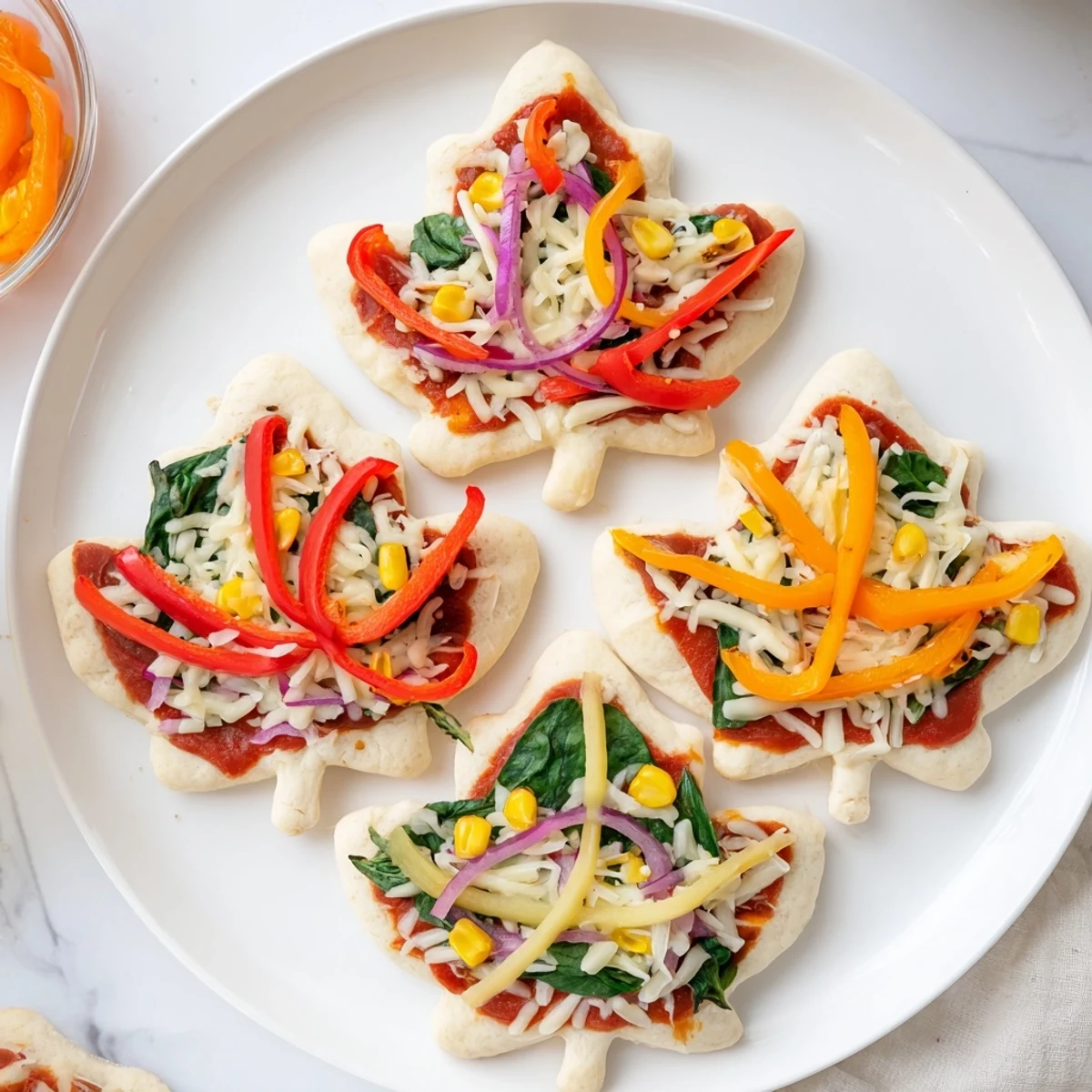Fall Foliage Maple Leaf Mini Pizzas show off colorful vegetables and melted cheddar, an easy appetizer.
