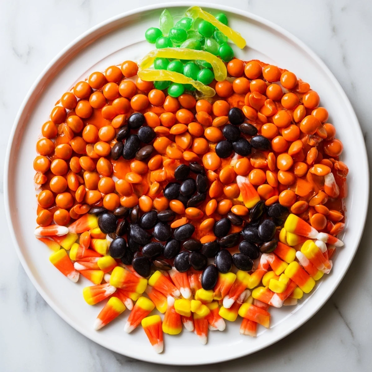 A close-up of a vibrant Jack-o-Lantern Candy board, overflowing with colorful Halloween treats.
