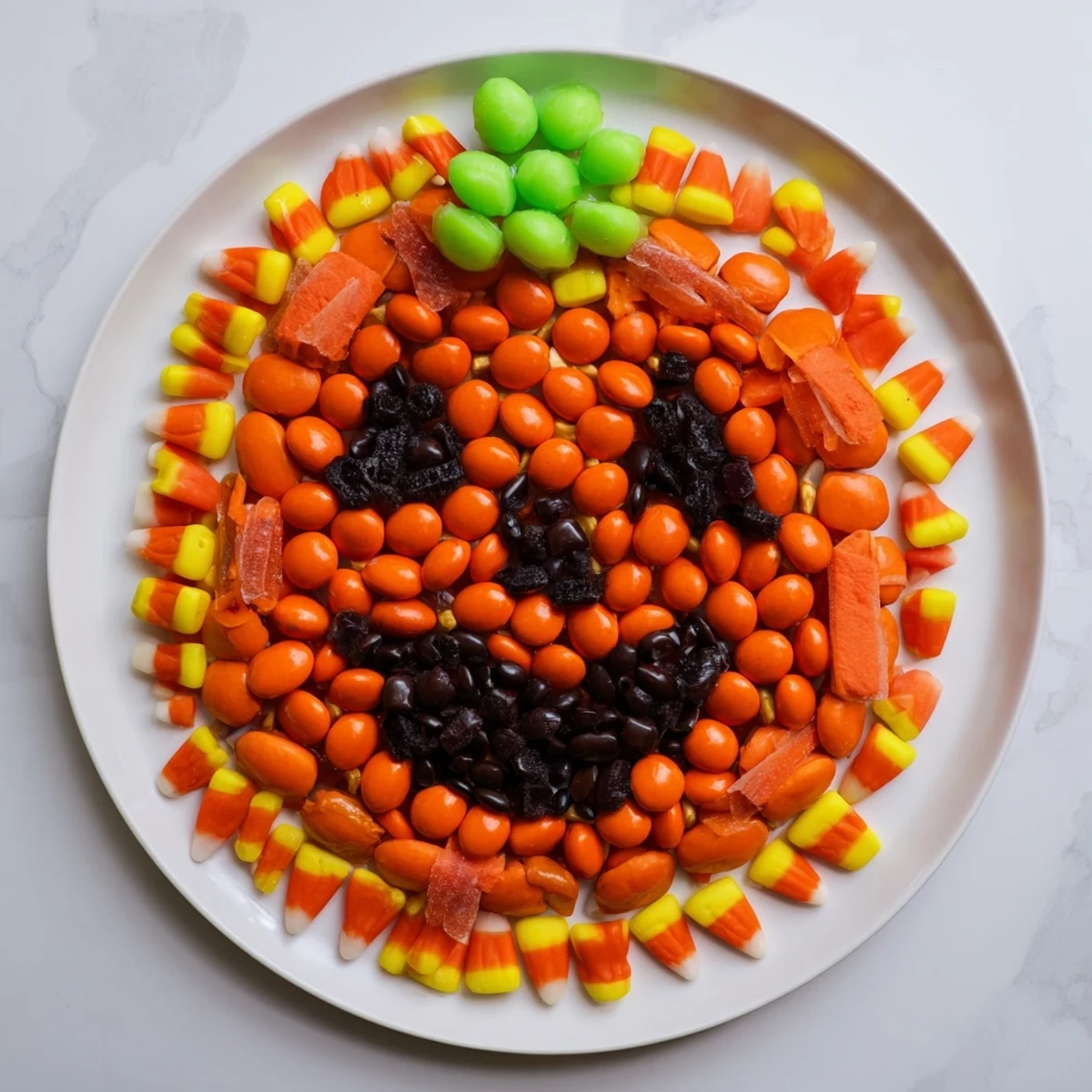 See this creative Jack-o-Lantern Candy board, filled with candy corn, licorice, and orange candies ready to serve.