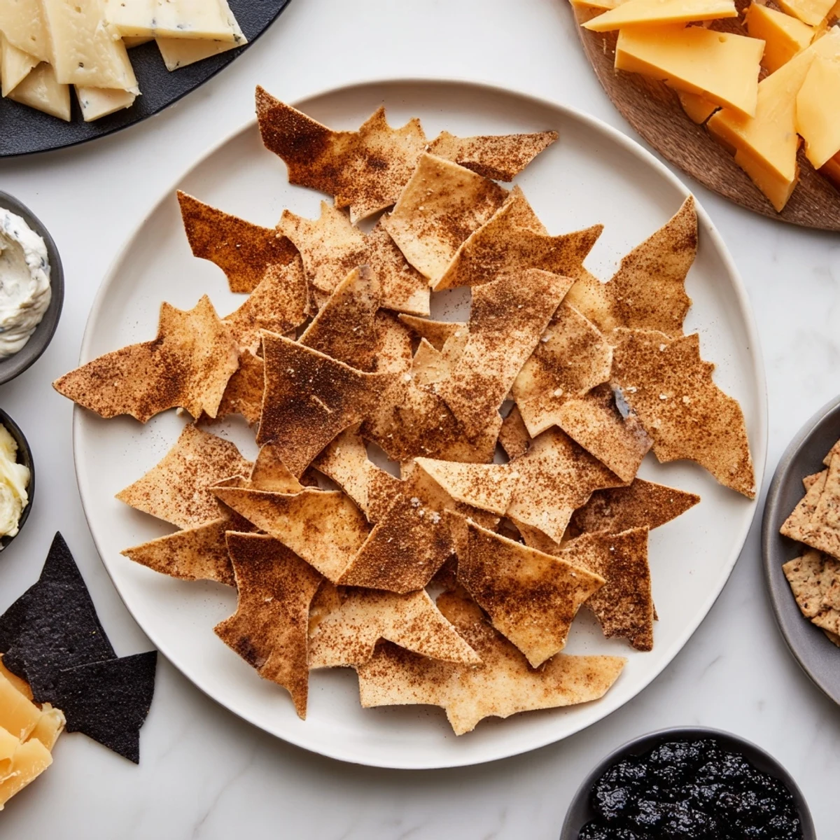 A visually enticing Spooky Night Bat Halloween Board with bat-shaped tortilla chips and colorful treats.