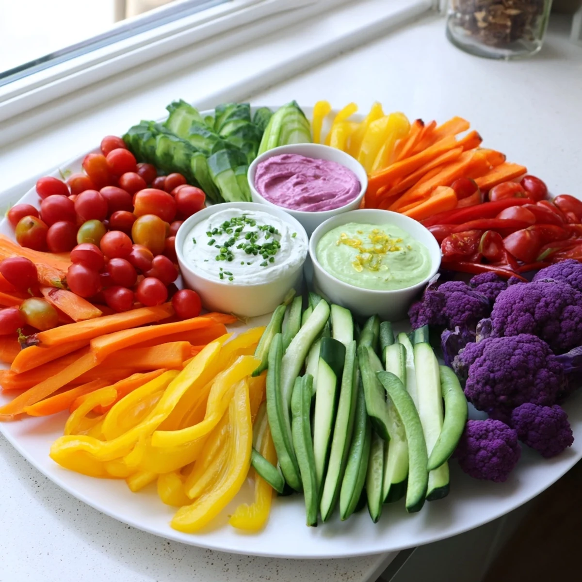 Vibrant rainbow vegetable dips platter, with colorful fresh-cut veggies and creamy dips for dipping.