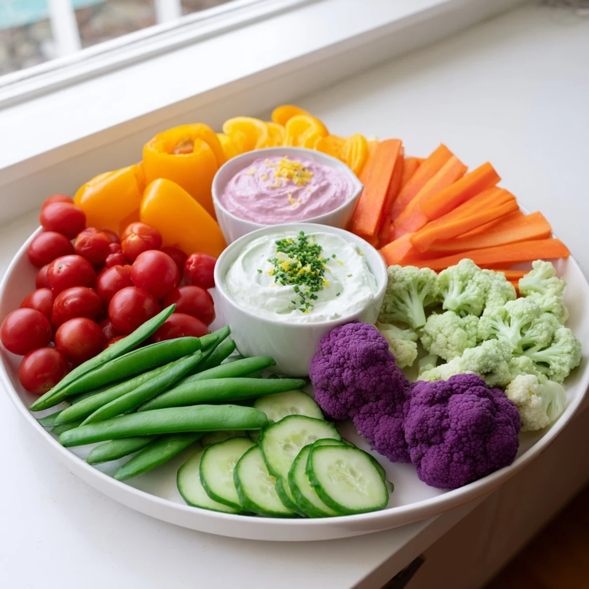 Arrangement of rainbow vegetable dips, perfect for party appetizers, ready to eat straight away.