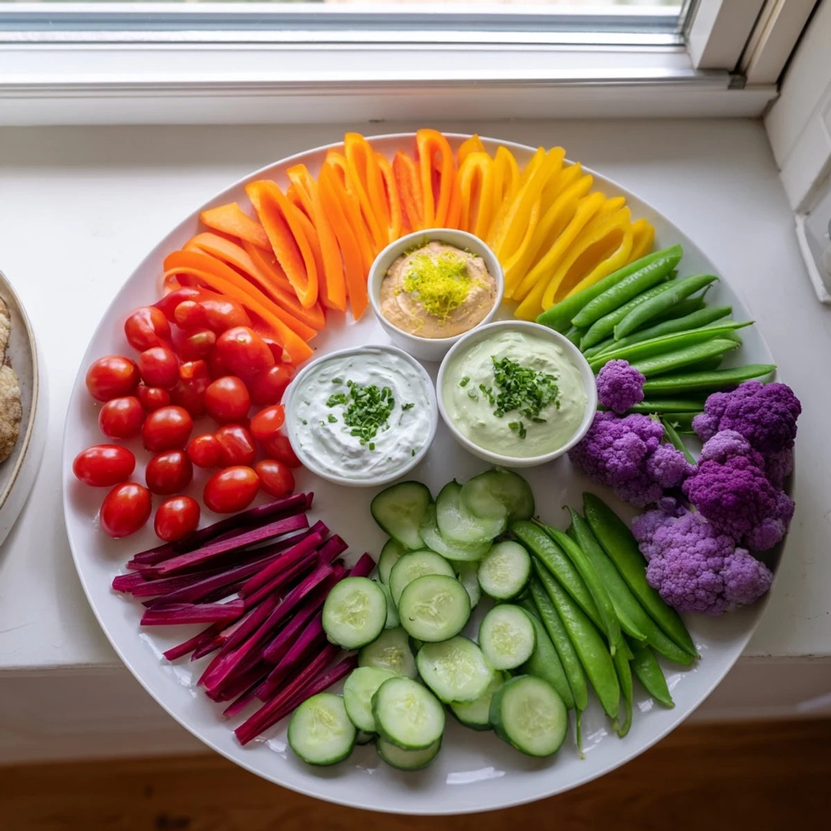 Close-up of a rainbow vegetable dips spread: carrots, peppers, and cauliflower with yummy hummus!