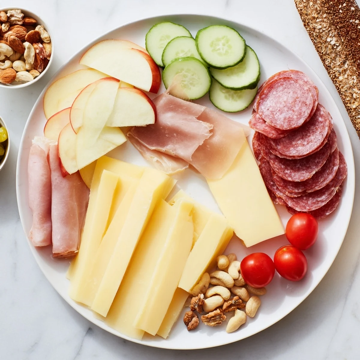 A close-up of the delicious Planche Montagne Aventure Collation, featuring crusty bread and rustic cheeses.