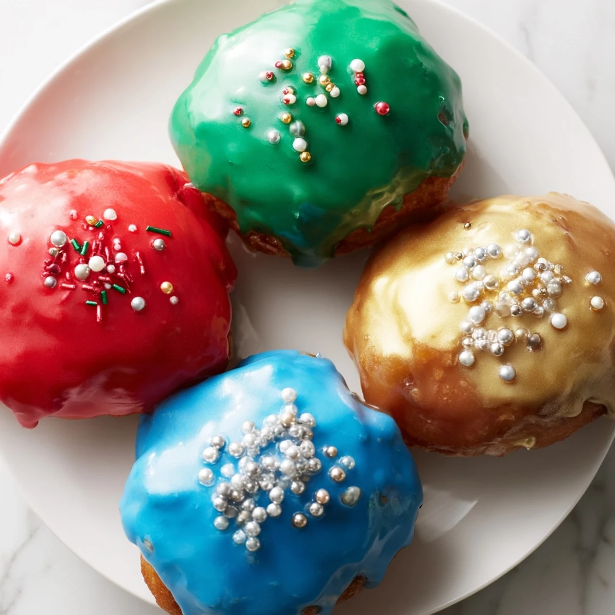 Golden-brown Christmas Ornament Beignets, dusted with colorful sprinkles for a festive holiday treat.