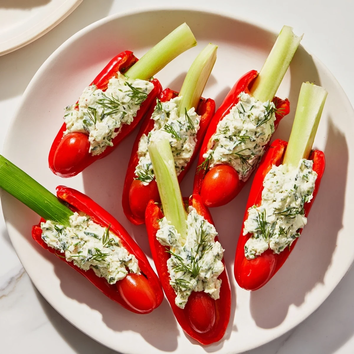 Vibrant Blooming Tulip Veggie Cups showcasing fresh bell peppers filled with creamy herb cheese, ready to eat.