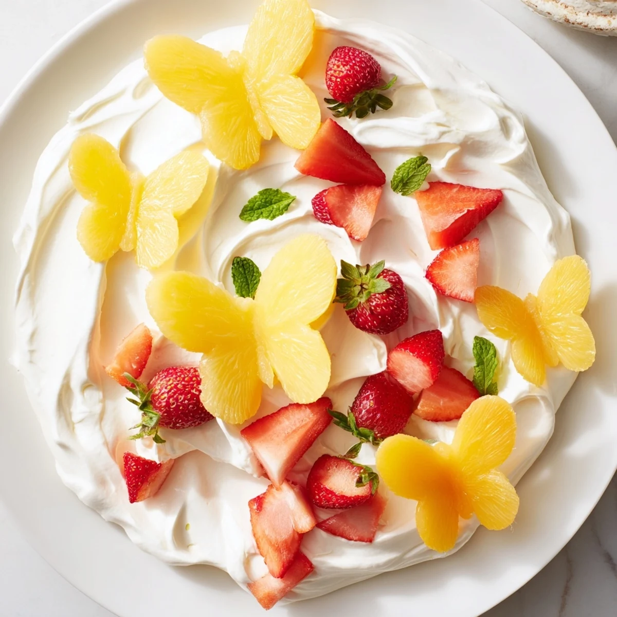 Colorful Butterfly Fruit and Cream Cheese Board, showcasing pineapple butterflies and fresh berries, perfect for a spring dessert.