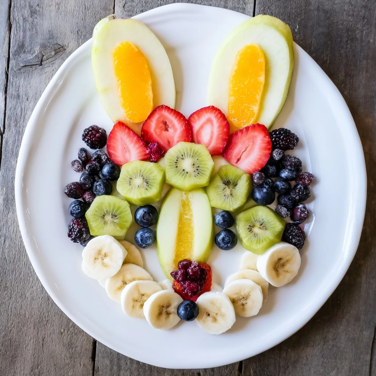 Vibrant Bunny Face Fruit Salad Platter with fresh strawberries, bananas, and a whimsical arrangement for Easter brunch.