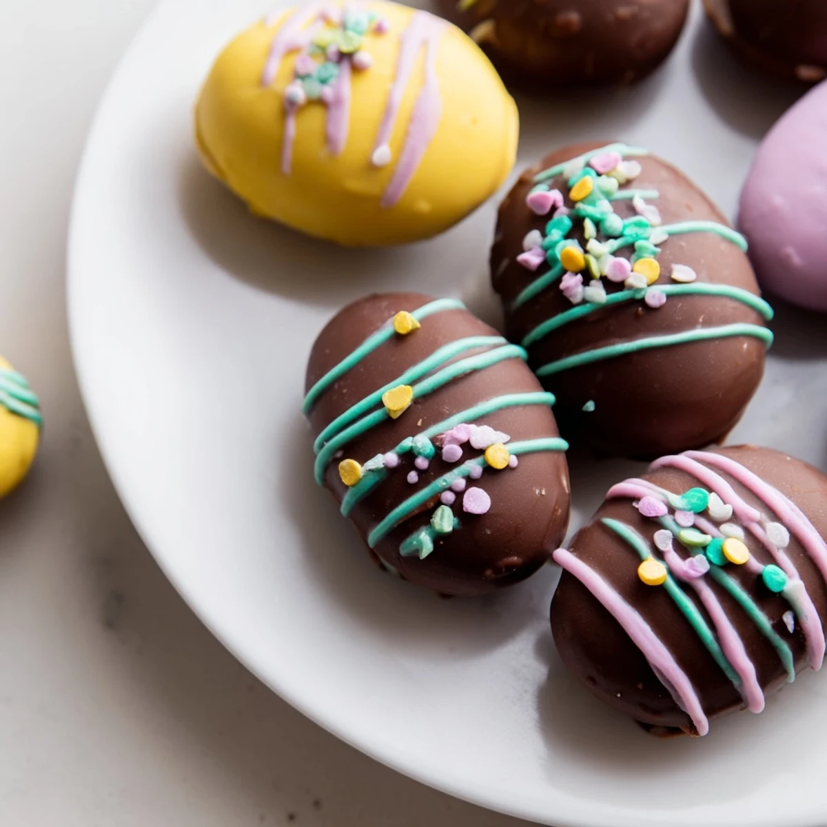 A vibrant Easter candy display shows colorful, decorated egg candies ready to share.
