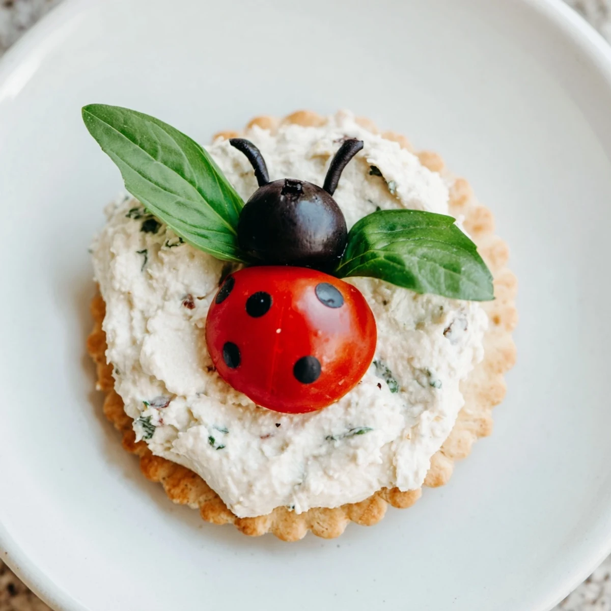 Close-up of bright Ladybug Tomato & Olive Bites, perfect for an easy, festive vegetarian appetizer.