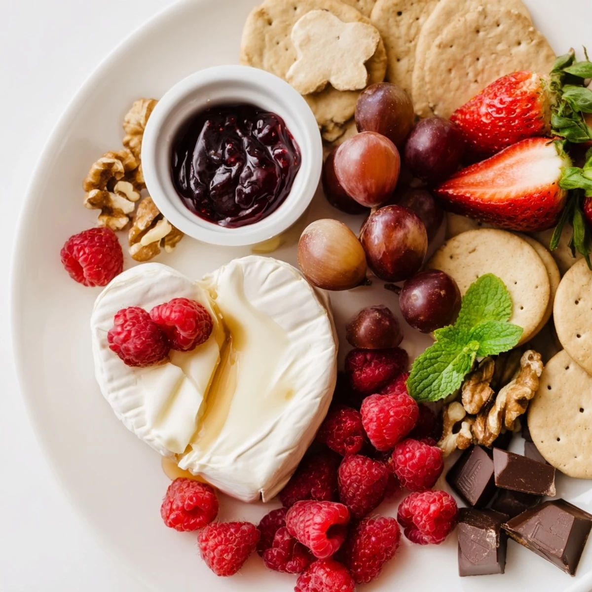 Sweetheart Brie and Jam Board with a creamy Brie wheel, fresh fruits, and crackers perfect for sharing.