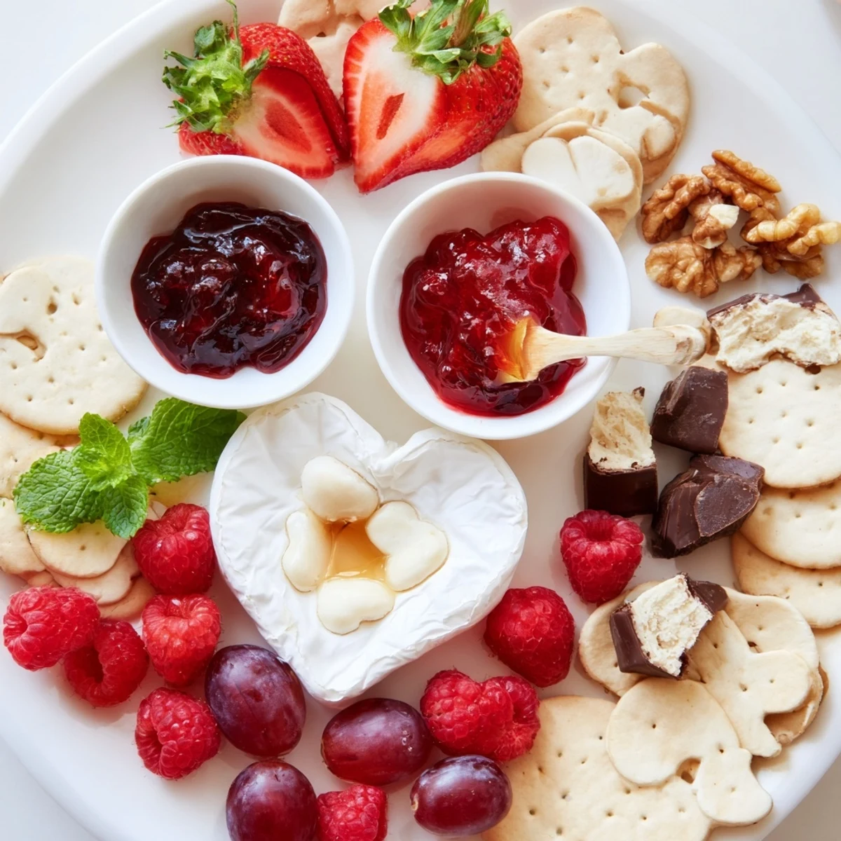 Romantic Sweetheart Brie and Jam Board features vibrant red berries next to soft brie and sweet jams.