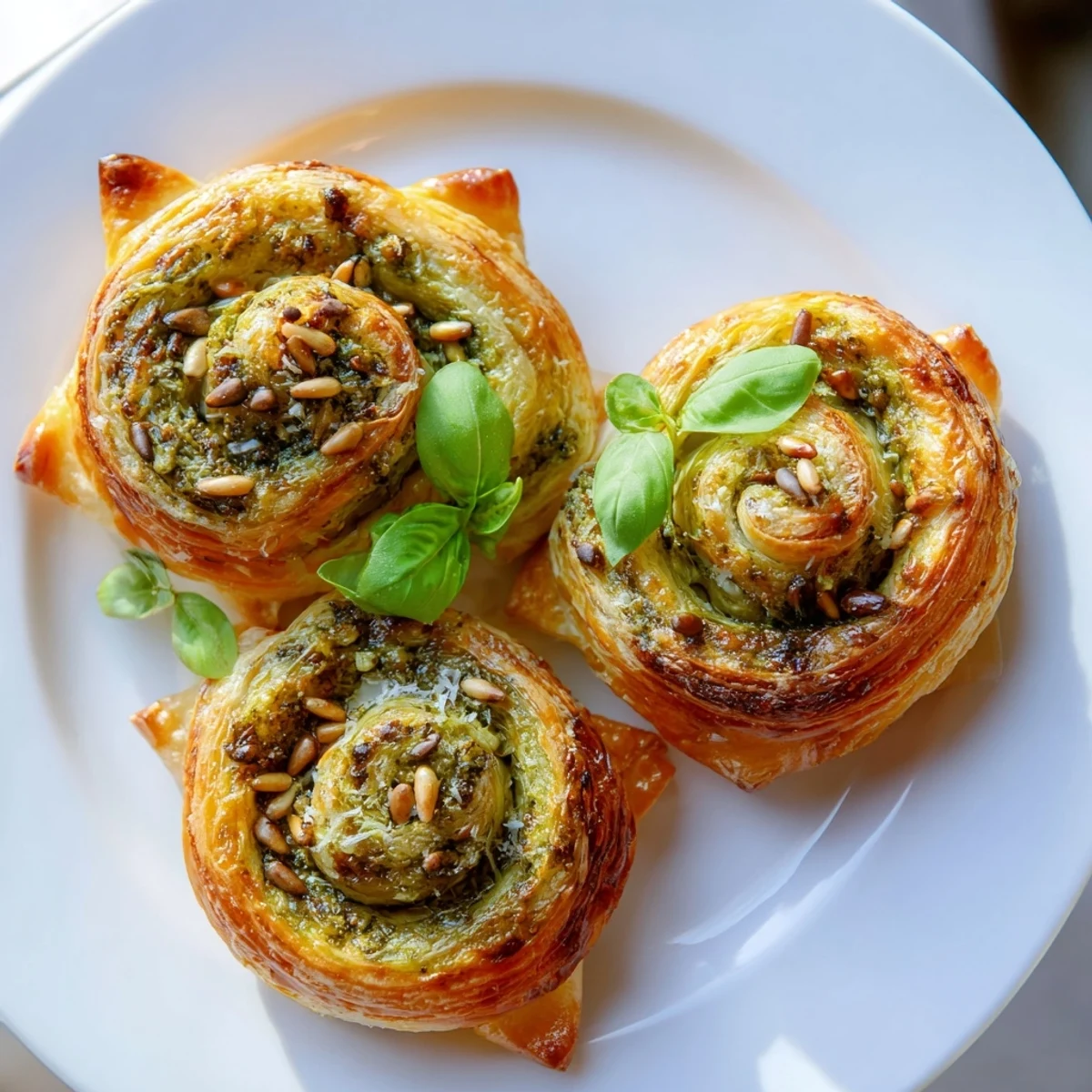 Warm from the oven, these star-shaped pesto pinwheels are the perfect savory vegetarian snack.