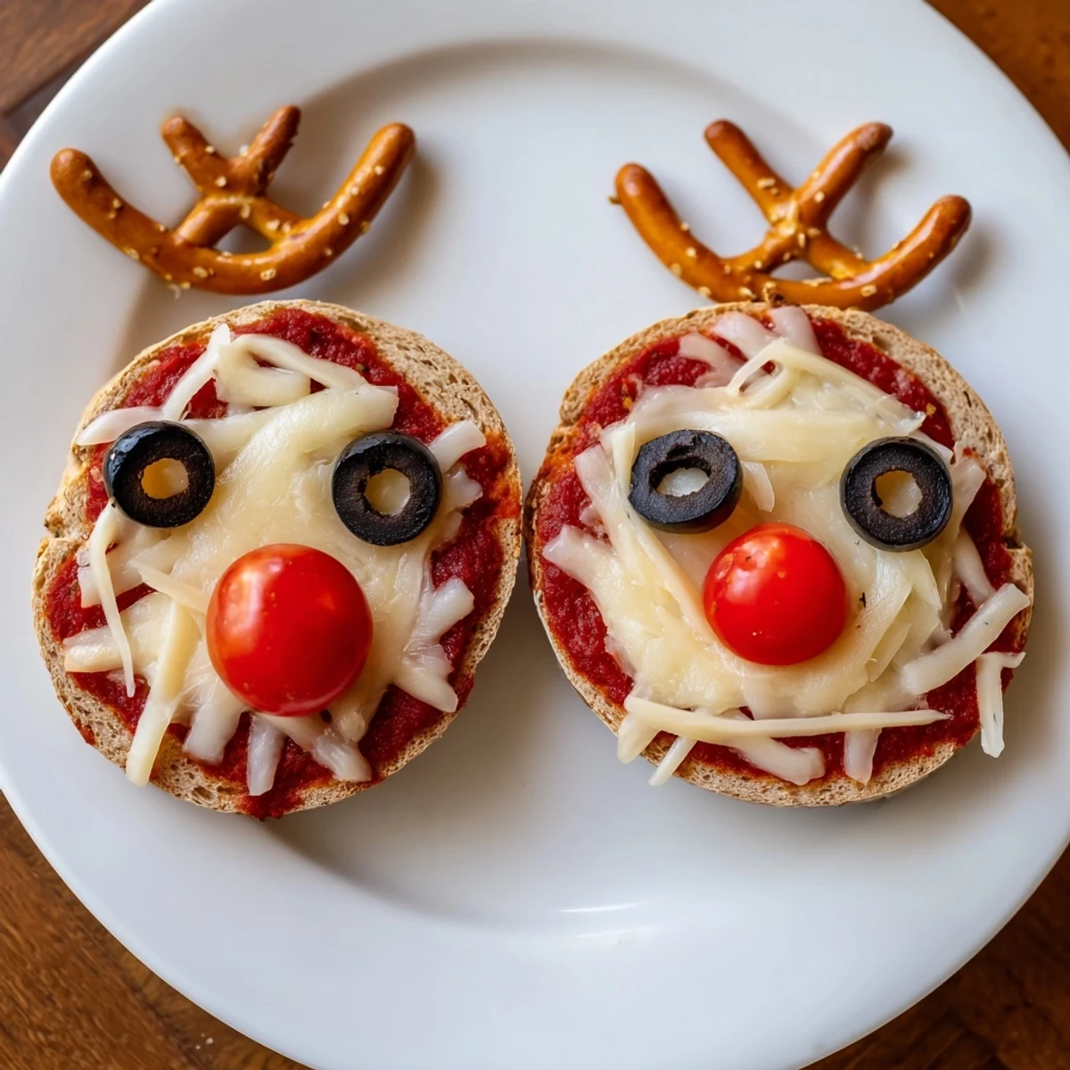 Warm, cheesy Reindeer Face Pizza Bagels with pretzel antlers ready for holiday fun.