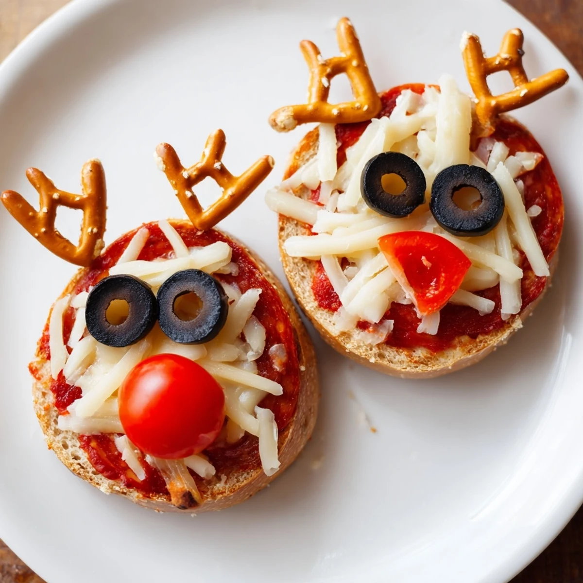 A close-up of melted cheese on whimsical Reindeer Face Pizza Bagels, garnished with olives.