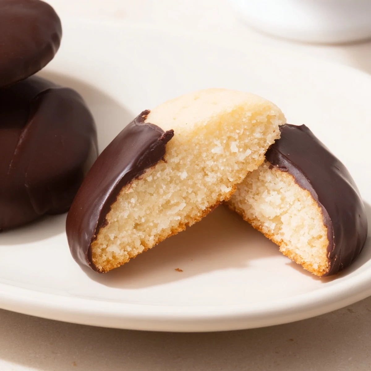 Enjoy the crunch: Perfectly dipped Simple Cookies: Vanilla Wafers, drizzled with sweet chocolate.