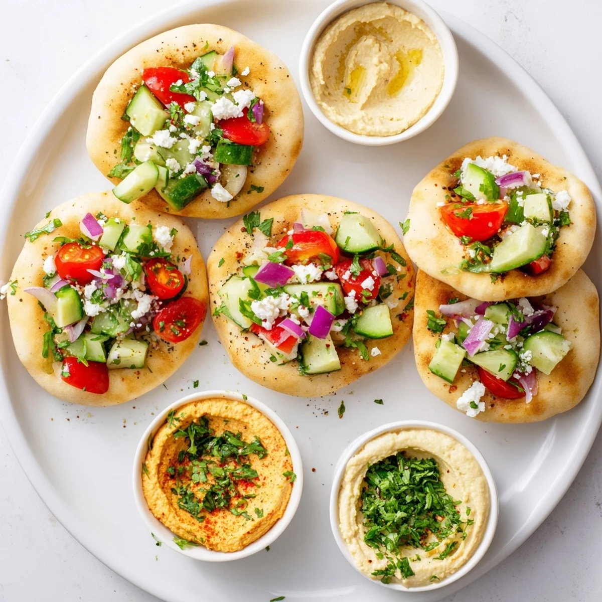 Savory Board: mini pita pockets with vibrant vegetables and creamy hummus bowls ready to enjoy.