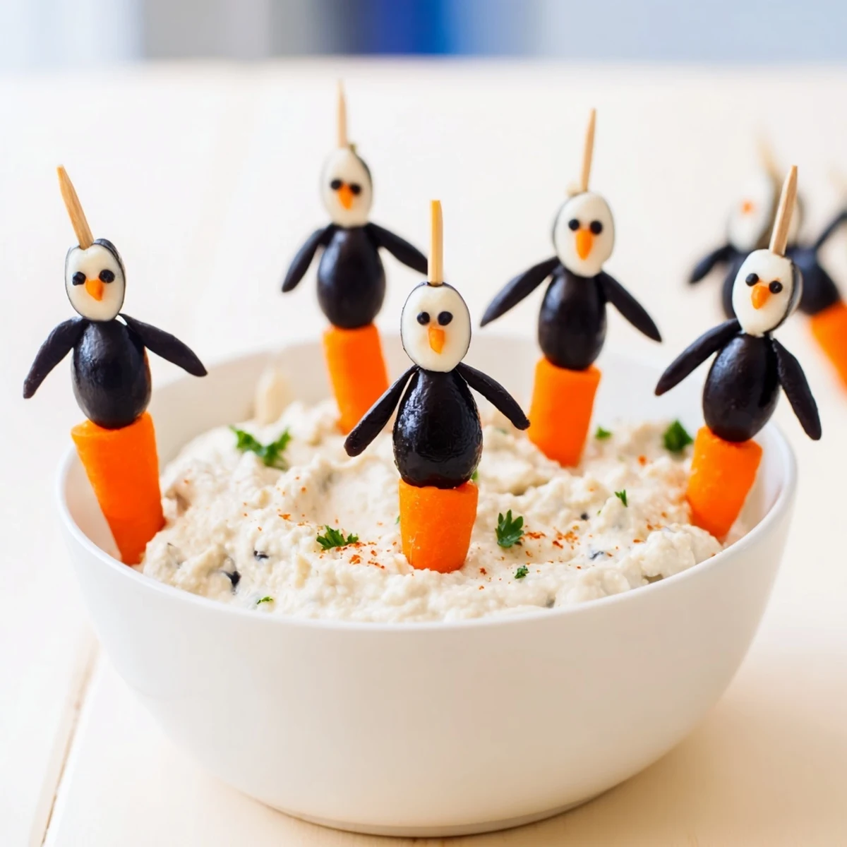 Creamy white bean dip recipe topped with cute olive penguins provides a festive appetizer.