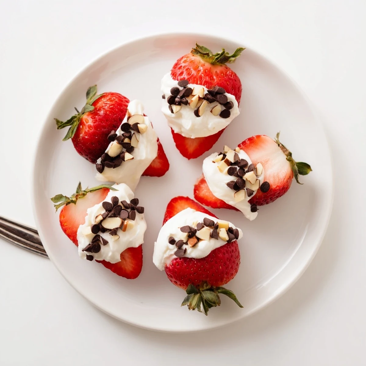 Yogurt-dipped strawberry halves sit, frozen, glistening with creamy yogurt and optional toppings.