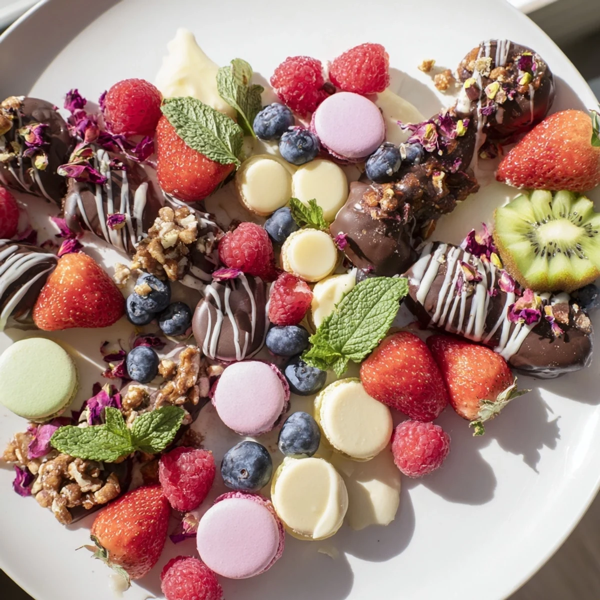 Indulge in this image: a decadent The Sweet Dessert Decadence with perfect fruit, chocolates, and pastries.