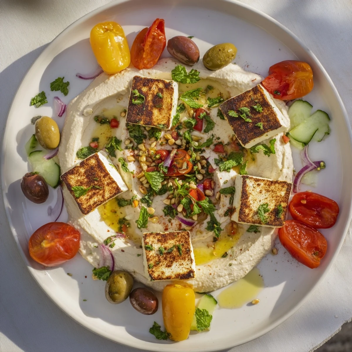 Vibrant Mediterranean Mezza Platter, featuring hummus, feta, and olives, perfect for sharing and delicious flavors.