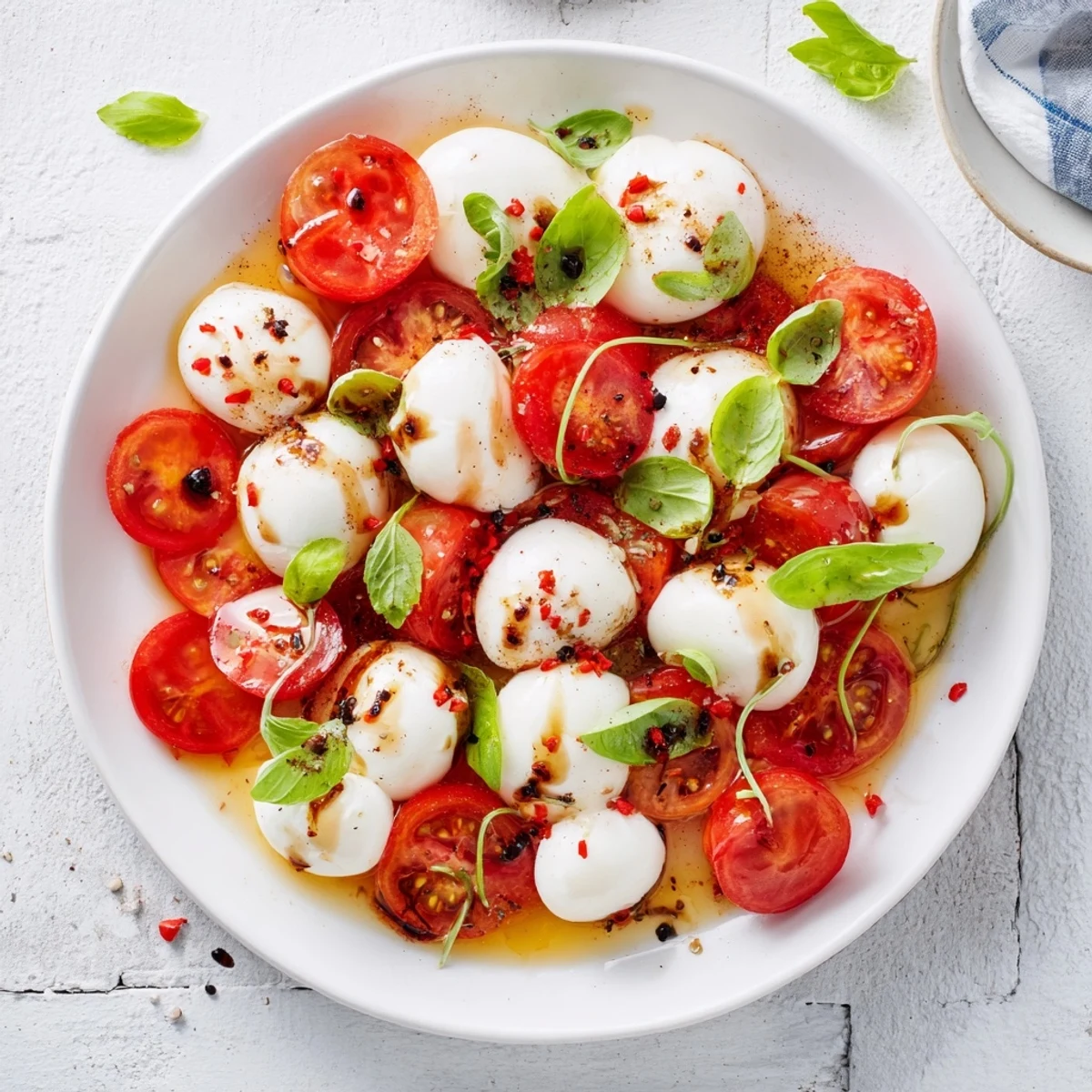 Fresh Pearly Strand salad arranged; white mozzarella pearls crown tomatoes and arugula.