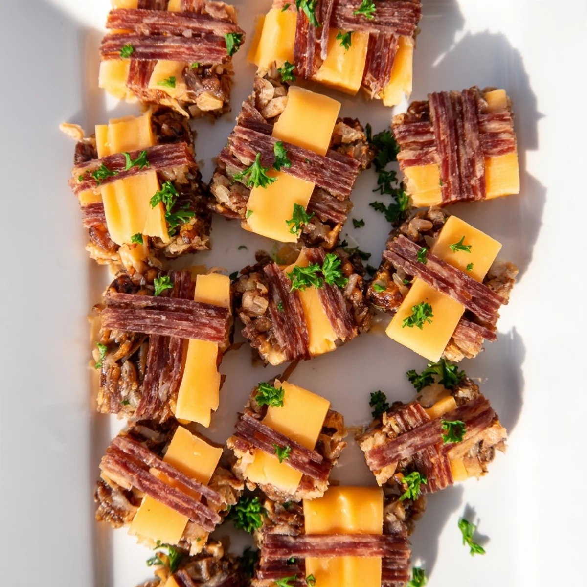 The Tartan Plaid appetizer features woven jerky and cheese strips in a beautiful, colorful pattern.