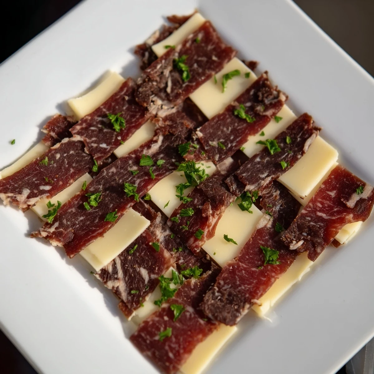 Savory beef, turkey, and pork jerky artfully create The Tartan Plaid with creamy cheese layers.