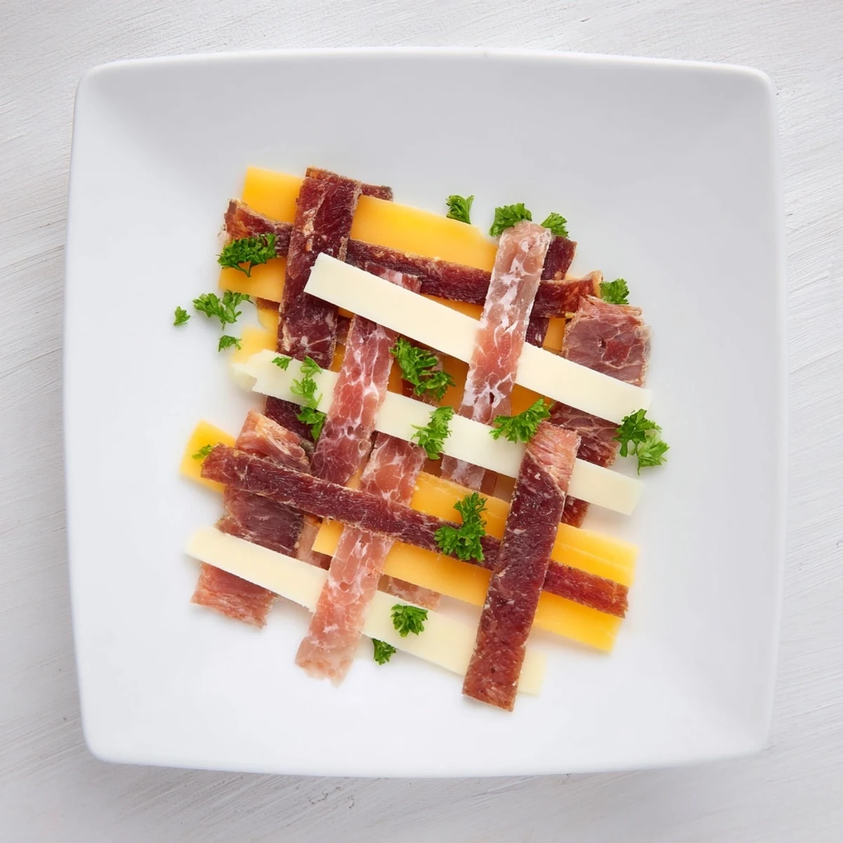 A close-up of The Tartan Plaid shows savory jerky and sharp cheese woven for a visually fun appetizer.