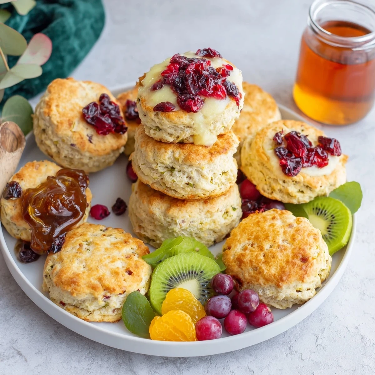 Imagine a colorful Breakfast Brunch Board Bliss overflowing with sweet scones, berries, and syrup for dipping.