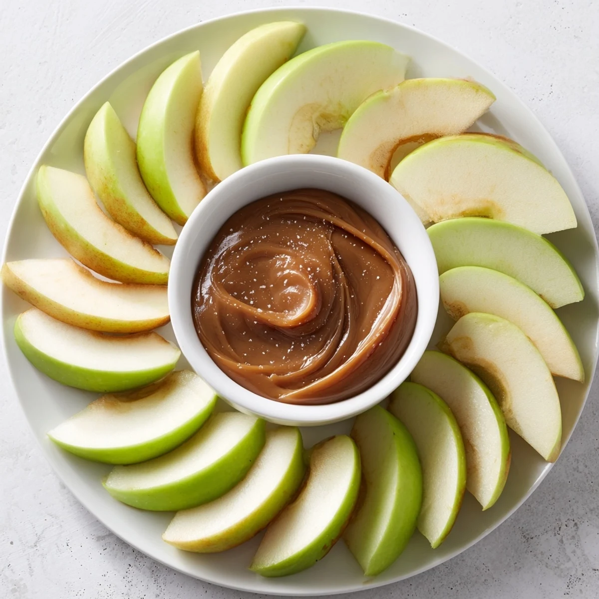 Crisp Apple Slices with Caramel Dip arranged on a platter, ready for dipping.