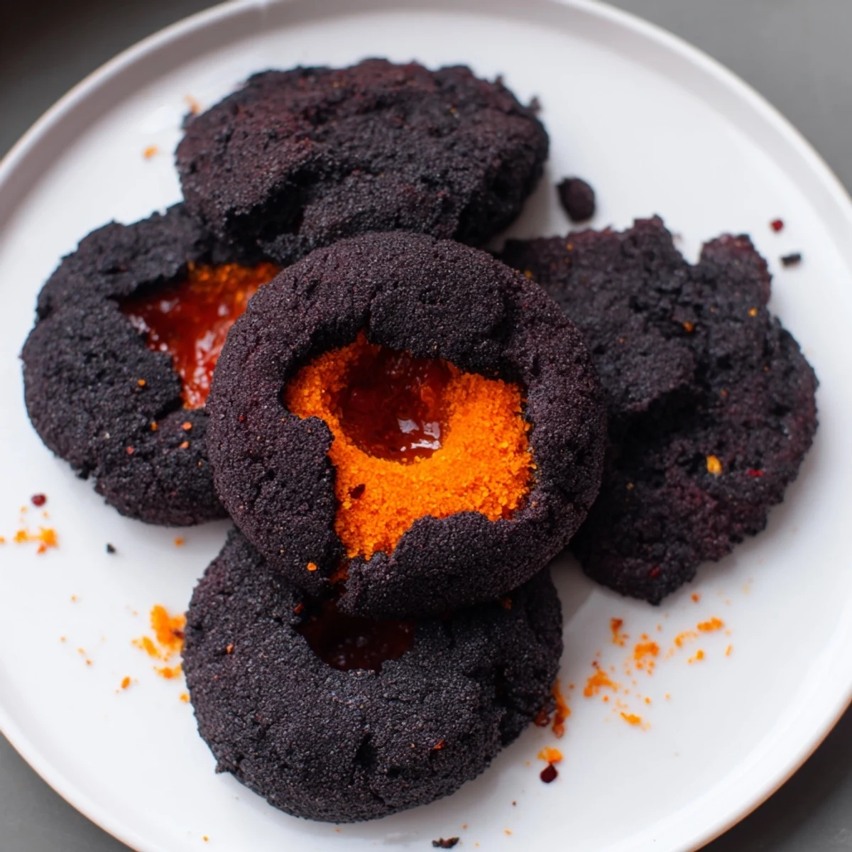 Sharing a batch of Volcanic Flow: The striking black crackers contrast a bright red, hot pepper jelly crater.