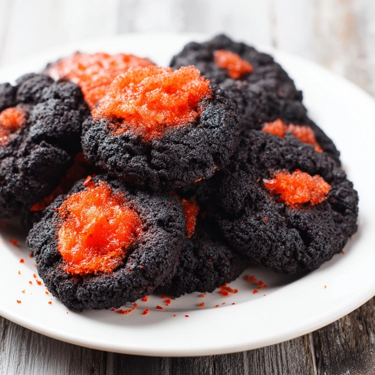 Fiery Volcanic Flow, a visually stunning appetizer: Spicy red jelly erupts from a ring of charcoal crackers.