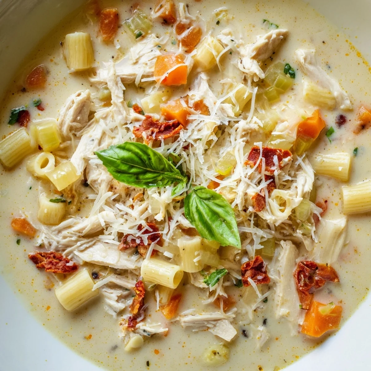 A bowl of savory Marry Me Chicken Soup, made with sun-dried tomatoes and fresh basil.