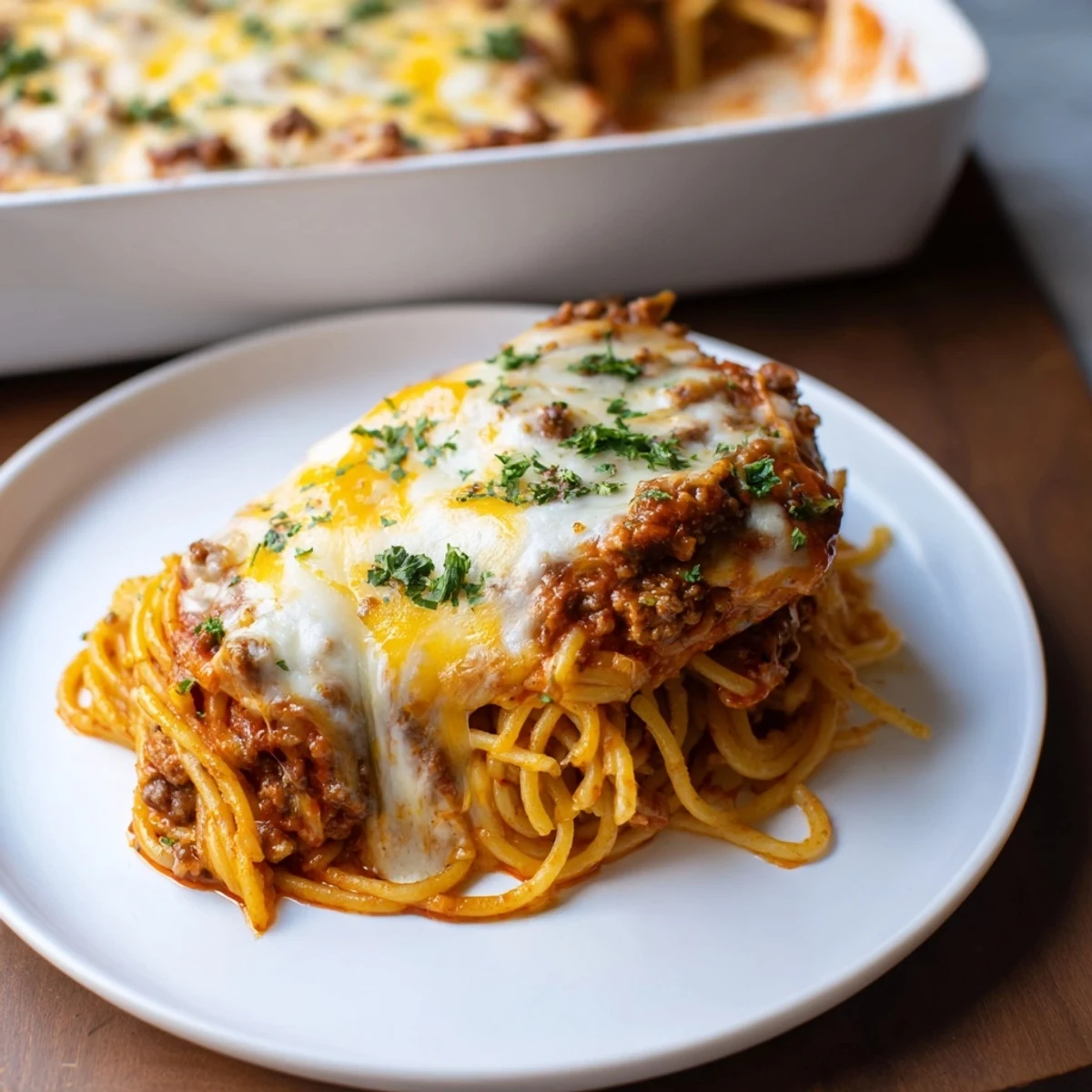 A bubbling, cheesy Tini's Baked Spaghetti casserole with a savory meat sauce and golden topping.