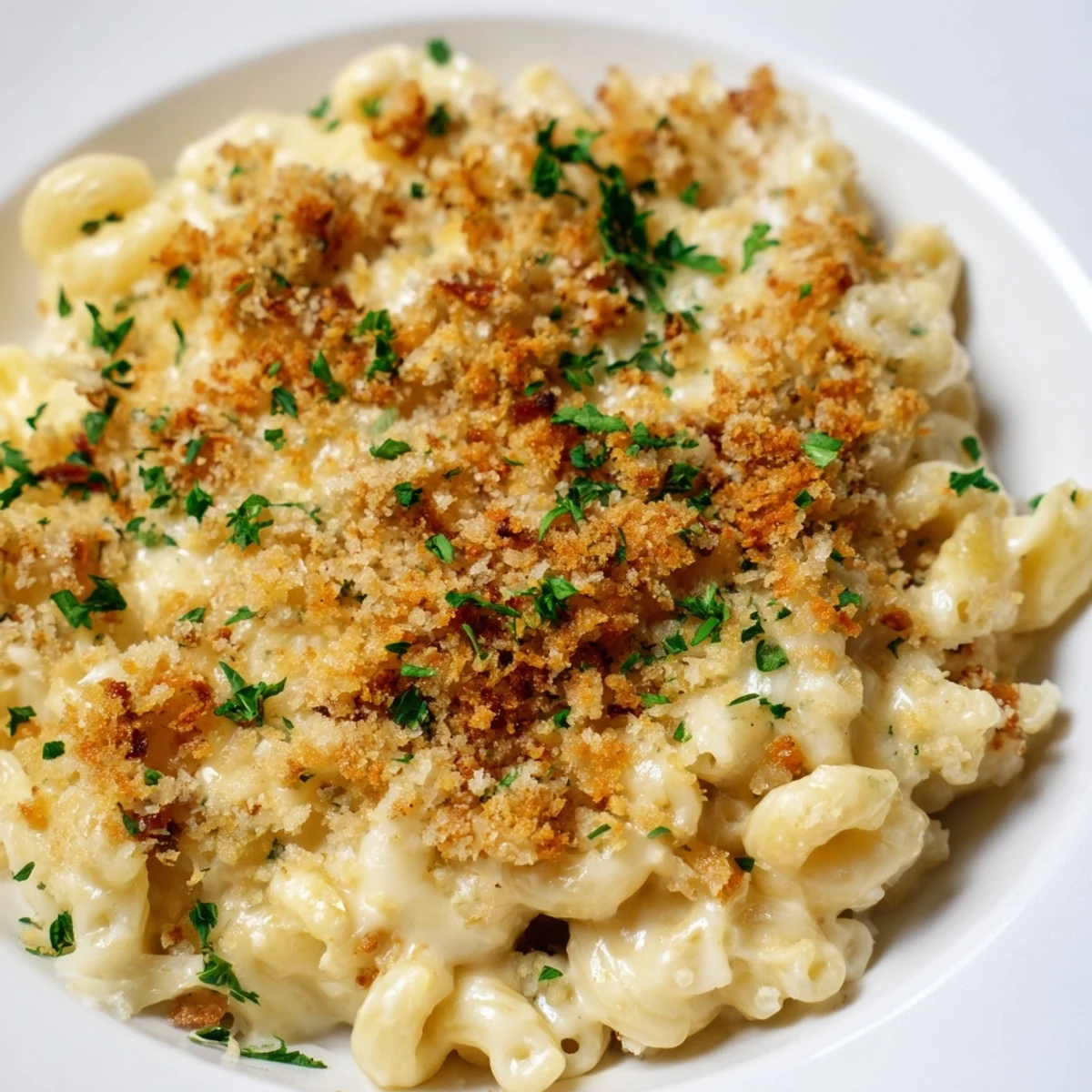 A bubbly, golden Tinis Mac and Cheese with Bacon, promising a rich, cheesy, savory flavor experience.