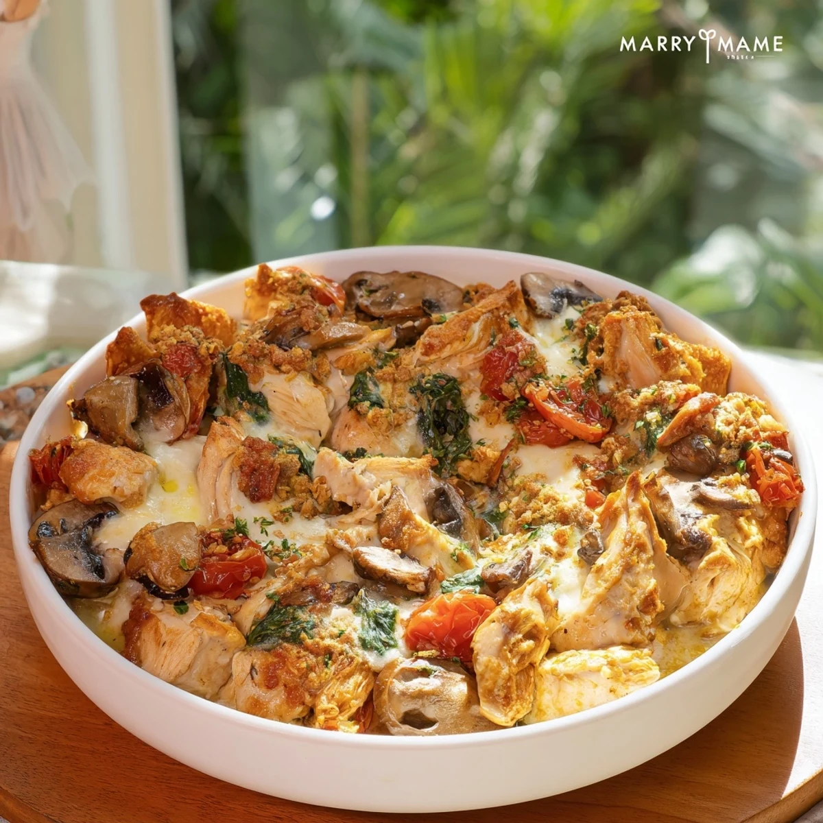 Golden-brown Ritz cracker topping on a bubbling, creamy Marry Me Chicken Casserole dish.