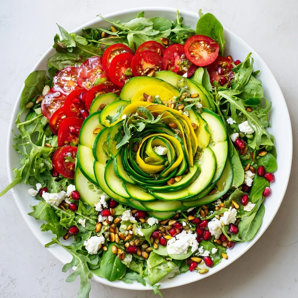 Showcasing the beautiful arrangement of a Golden Ratio Salad with feta and pomegranate.
