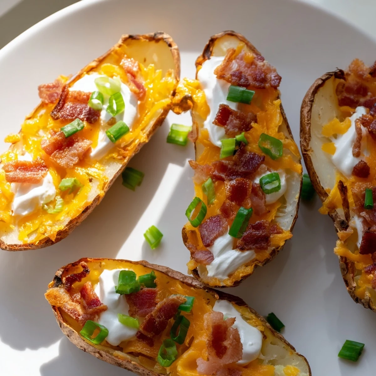 A close-up of fully loaded baked potato skins, piled high with cheddar cheese and crispy bacon.