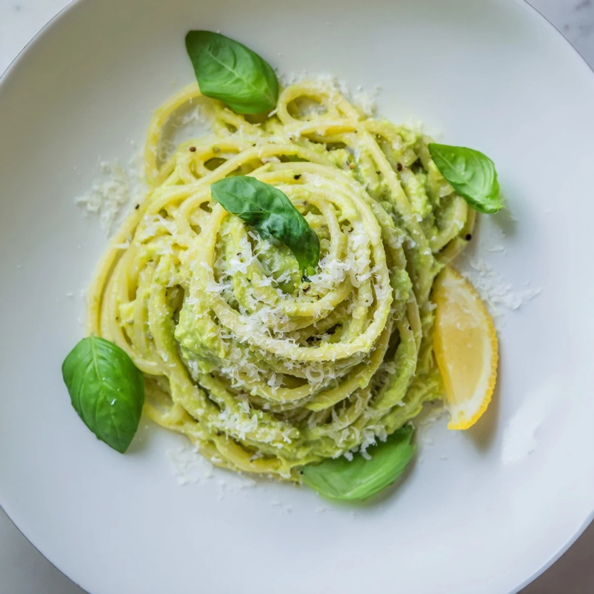 Vibrant creamy avocado pasta coated in a luscious green sauce, garnished with fresh basil.