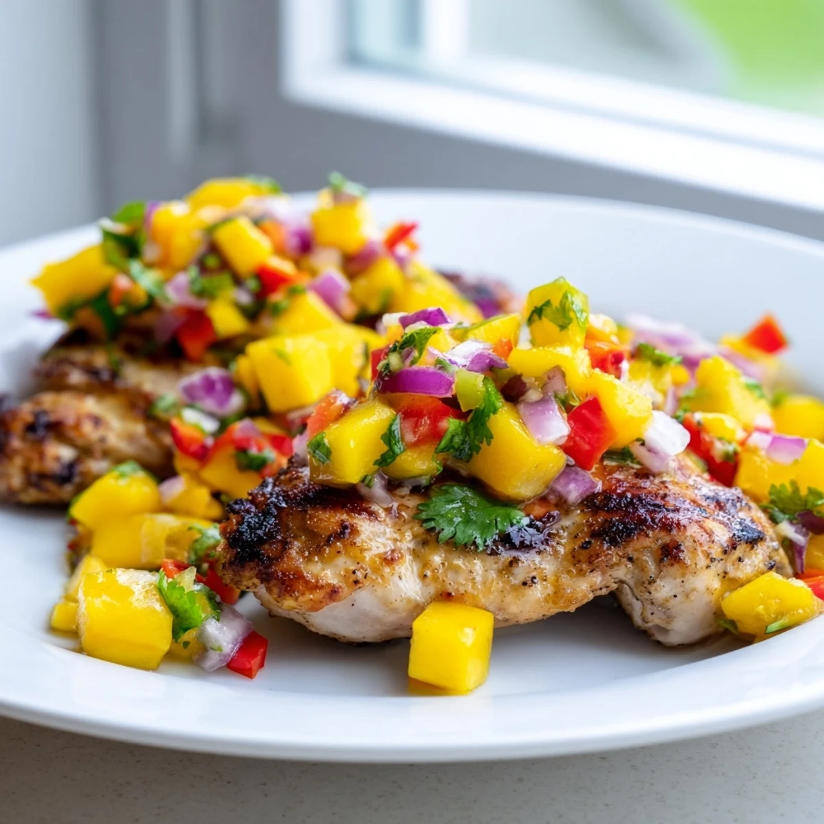 Freshly grilled Mango Salsa Chicken showcasing juicy chicken breasts with vibrant mango topping—a flavorful meal.