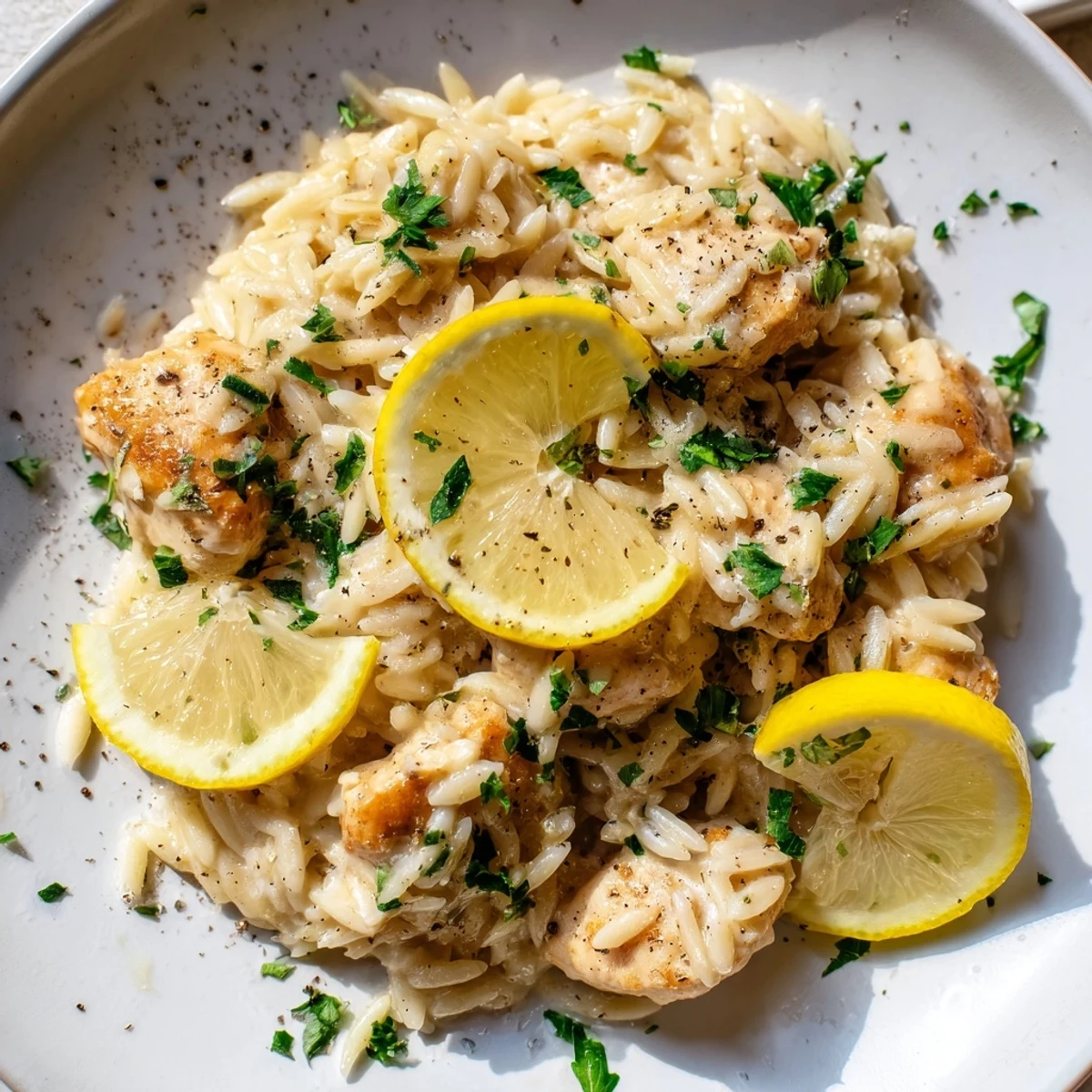This photo depicts a one-pan Creamy Lemon Chicken Orzo, complete with juicy chicken and a flavorful, rich sauce.