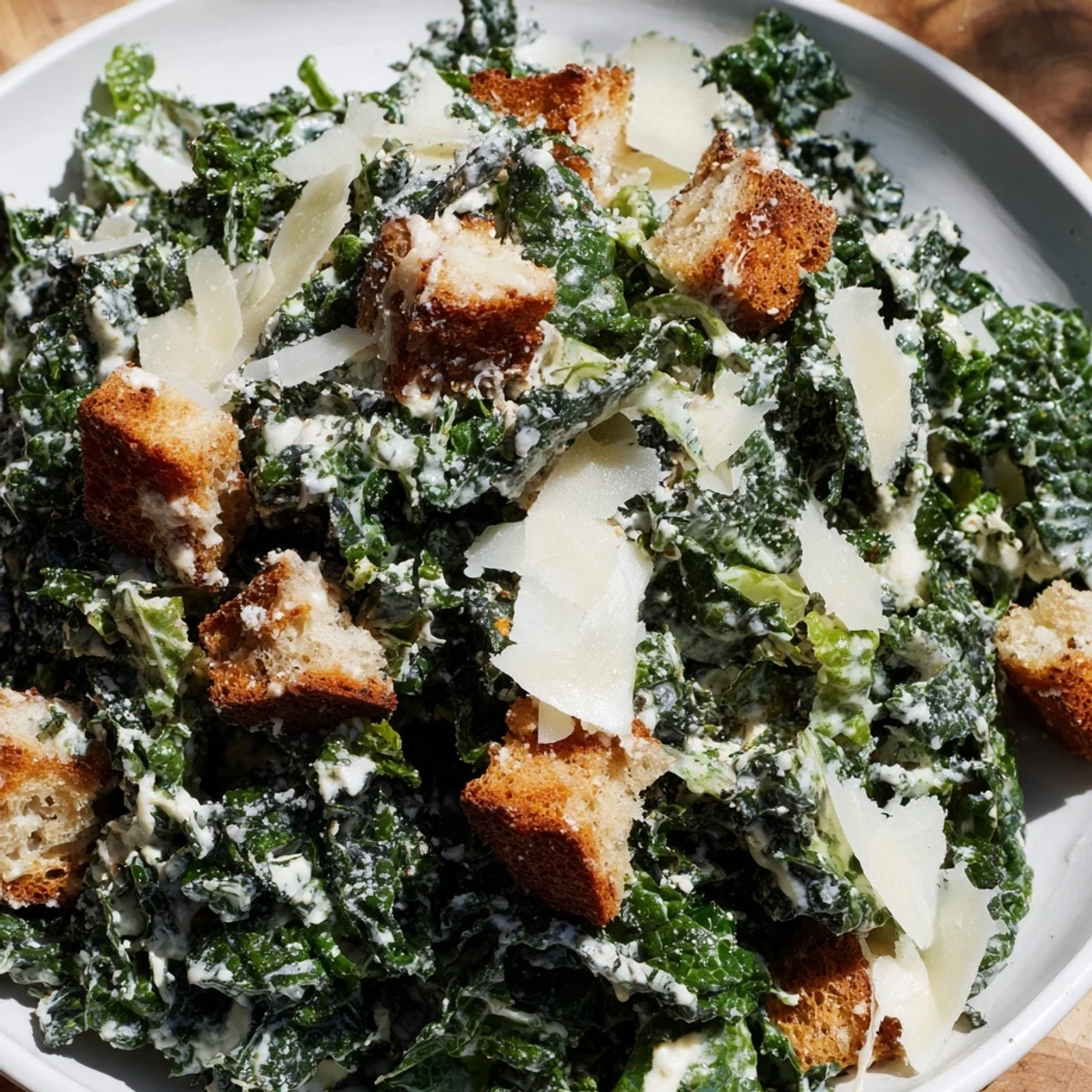 A close-up shot of a healthy Kale Caesar Salad, showcasing textured kale and creamy dressing.