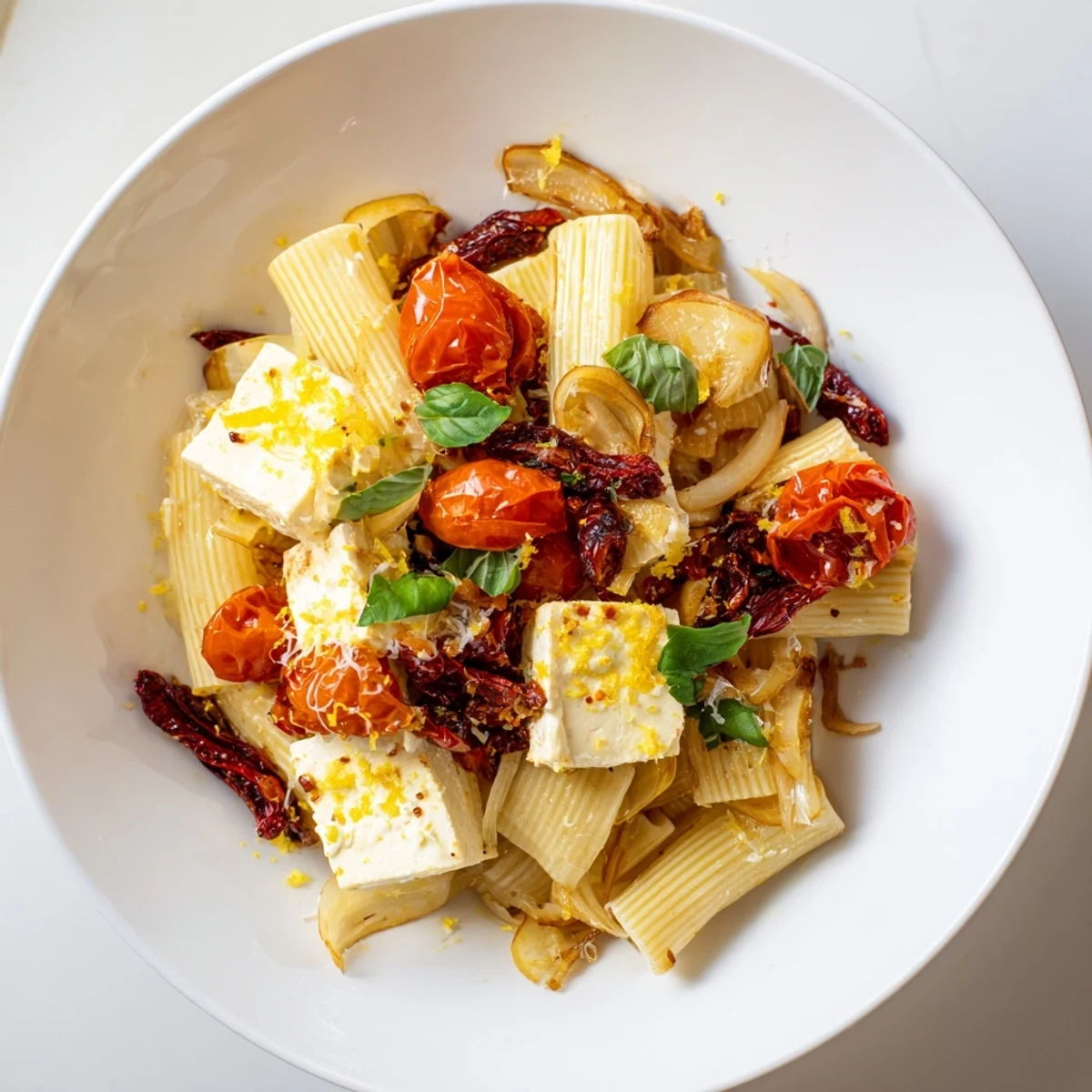 Baked feta pasta bubbling in a baking dish, with roasted tomatoes and a creamy feta sauce.
