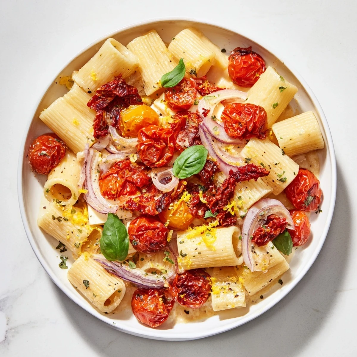 Golden-brown baked feta pasta, with vibrant cherry tomatoes, ready to be tossed with delicious pasta.