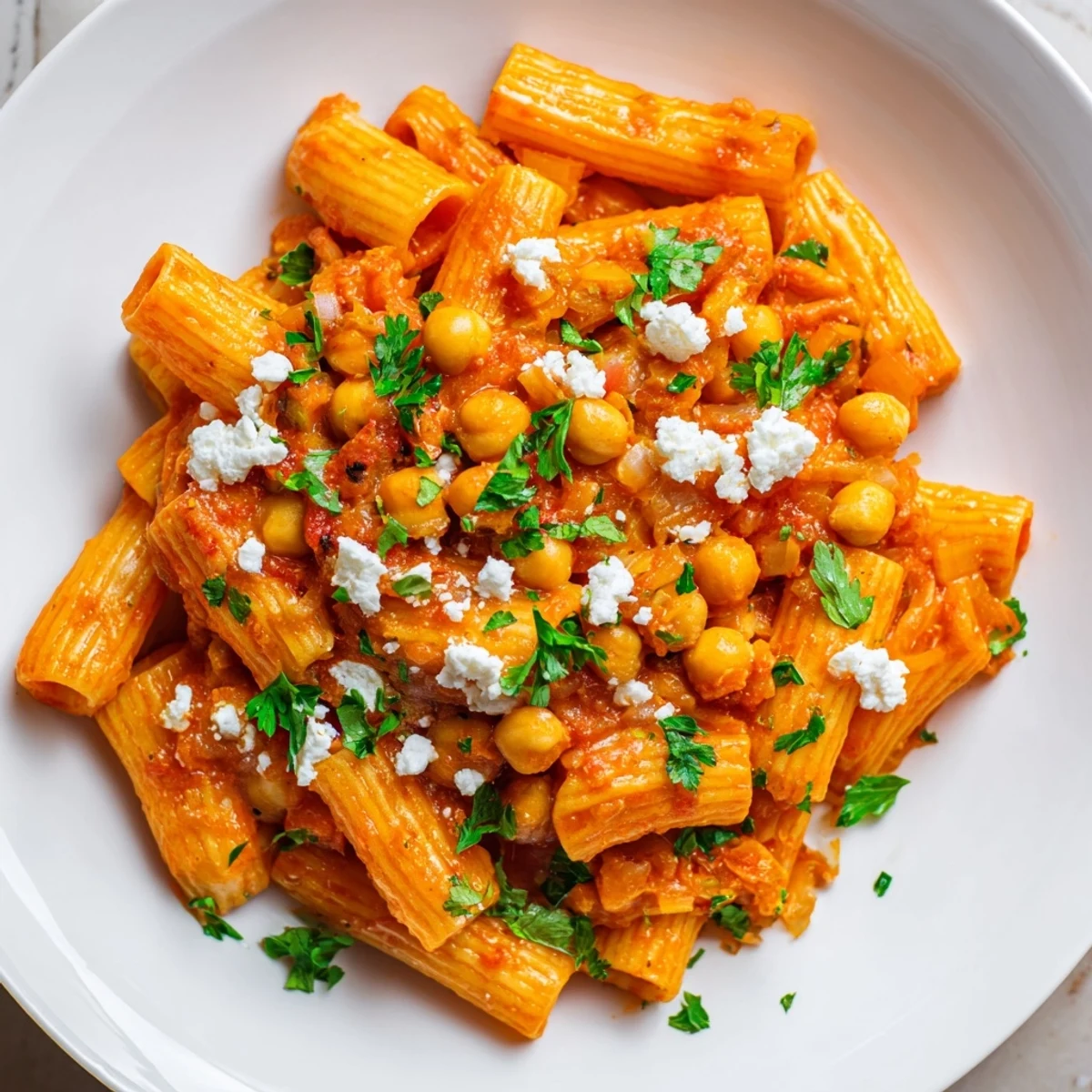 A visually appealing plate of Harissa Chickpea Pasta with crumbled feta, offering a flavorful bite and texture.